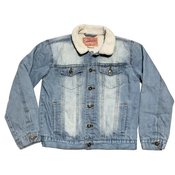 Sherpa Lined Trucker Jacket Size L Jeans Jacket Distressed Brooklyn Clothing - Picture 1 of 5